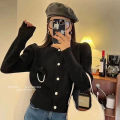 Sweet Elegance round Neck Sweater Cardigan Bow Pearl Pin Design French Style Sweater Coat.