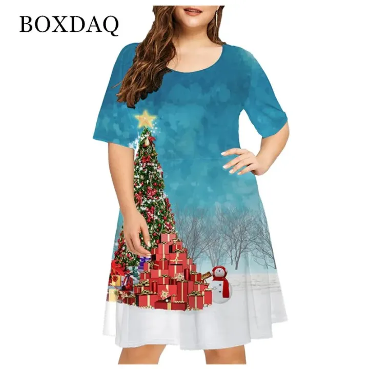 6XL%20Plus%20Size%20Women%20Clothing%20Red%20Christmas%20Elk%20Fashion%20Funny%20Cute%20Short%20Sleeve%20Print%20Dress%20X-Mas%20Snowman%20Snowflake%20Loose%20Dresses%20-%20Image%202