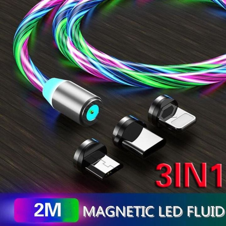 terno 3 in1-1/2M Led Fluid Light Magnetic Charging Mobile Phone Cable Flow Luminous Lighting Cord Charger for Type C / IOS / Micro USB