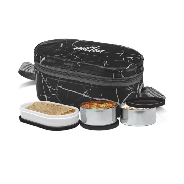 MILTON Executive Lunch Prime Box, 2 Inner Steel Round Containers 300ml Each and 1 Microwave Safe Oval Plastic Container, 450ml with Insulated Bag, Office Tiffin, Leakproof,