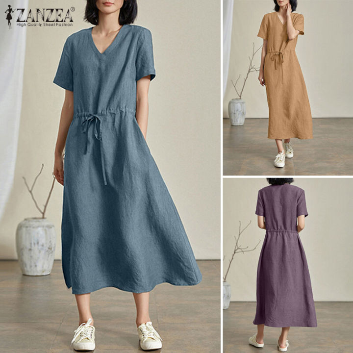 ZANZEA%20Korean%20Style%20Women%20Casual%20Short%20Sleeve%20Maxi%20Dress%20V%20Neck%20Drawstring%20Waist%20Side%20Pockets%20Dresses%20#8%20-%20Image%207
