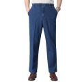 Men Solid Color Elastic Waistband Drawstring Straight Denim Pants Long Trousers. 