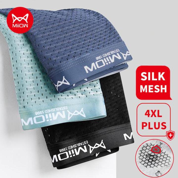MiiOW 3Pcs Cool Summer Mesh Men Boxer Underwear Graphene Antibacterial Male Panties Ice Silk Underwears Breathable 4XL Boxershort