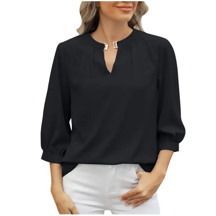 Female%20cloths%20Tops%20for%20Women%20Trendy%20Casual%20Basic%20T%20Shirts%20Light%20weight%2034%20Sleeve%20Solid%20V%20Neck%20Tees%20Blouses%20Clearance%20Sales%20-%20Image%202