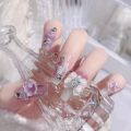 Fairy Flower Nails with White Bow Crystal Design Korean Sweet Style Nails for Lady Girls Artificial Nails Handmade. 