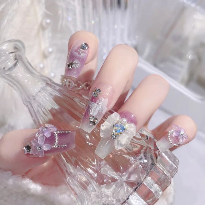 Fairy%20Flower%20Nails%20with%20White%20Bow%20Crystal%20Design%20Korean%20Sweet%20Style%20Nails%20for%20Lady%20Girls%20Artificial%20Nails%20Handmade%20-%20Image%205