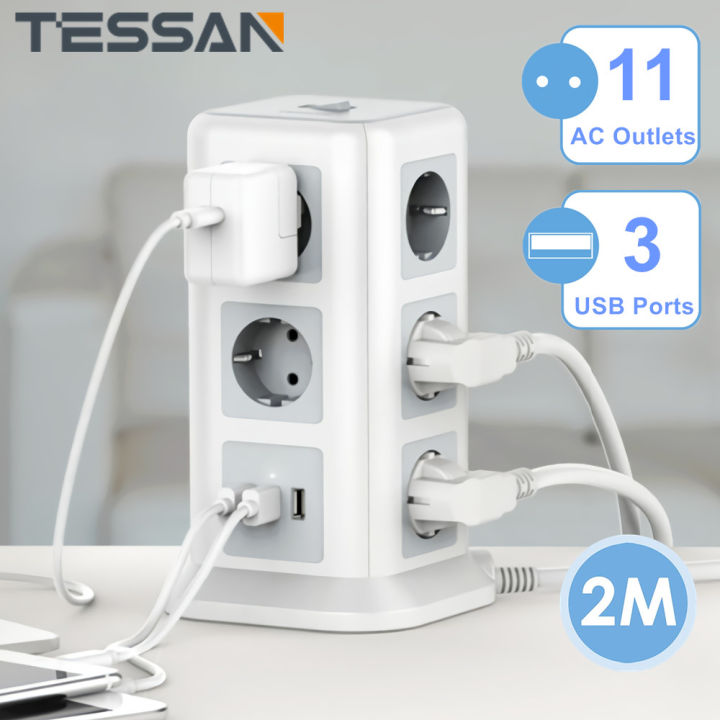 TESSAN Vertical Power Strip Multiple Tower Socket Surge Protector EU Plug Outlets with USB Ports 2m Extension Cable Home Office