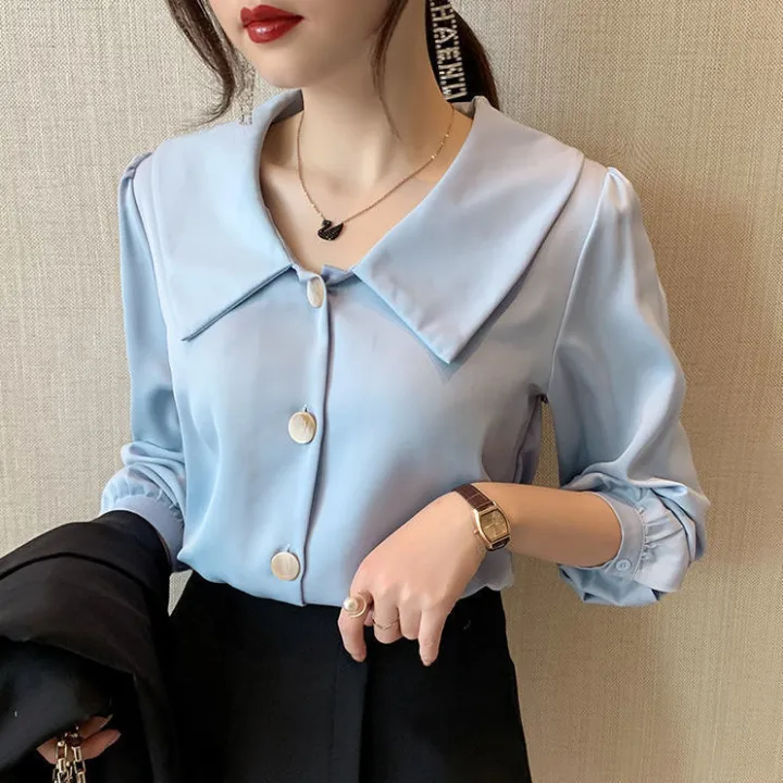 White%20Chiffon%20Shirt%20Women%20Long%20Sleeve%20Bandage%20Dress%20Chic%20Top%202023%20Spring%20New%20Sweet%20Korean%20Style%20Peter%20Pan%20Collar%20Blouse%20-%20Image%203