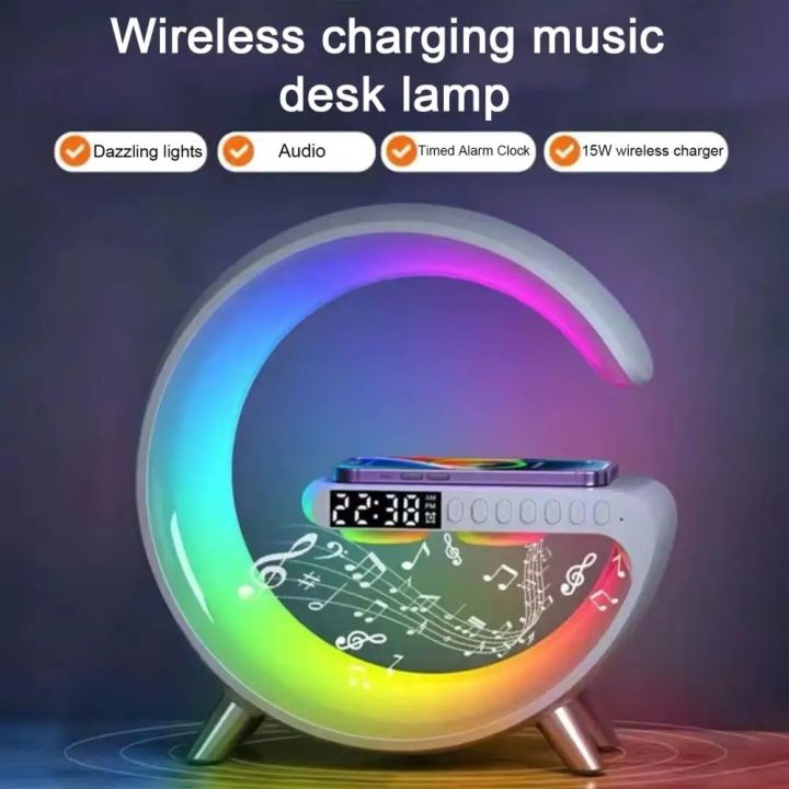 Wireless Charging Light Up Speaker G Shape LED Wireless Table Speaker Color Changing Alarm Clock Charger Stand Bedside Light (Charging only For Iphone)