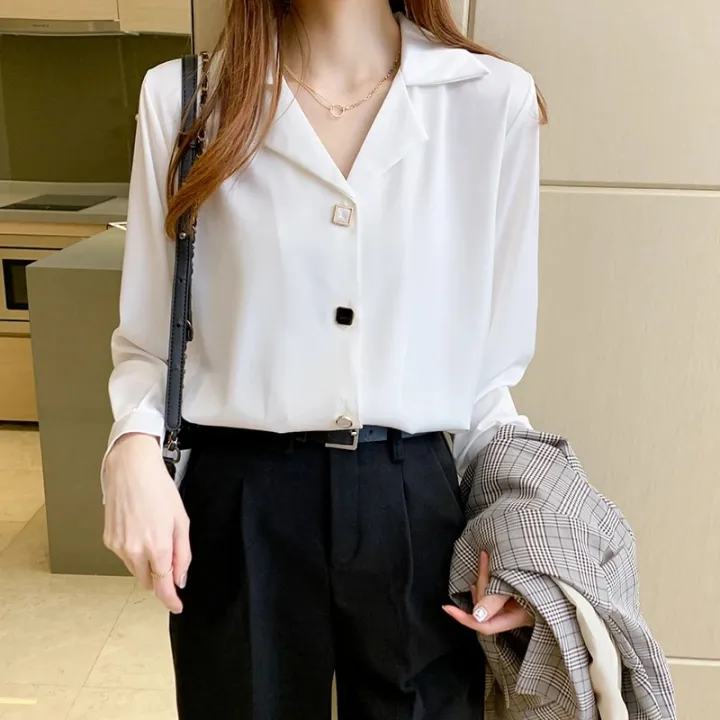 Long%20Sleeve%20Black%20White%20Blouse%20Tops%20Blouse%20Women%20Blusas%20Mujer%20De%20Moda%202023%20V-neck%20Chiffon%20Blouse%20Shirt%20Blouses%20Femme%20Blusas%20E447%20-%20Image%205