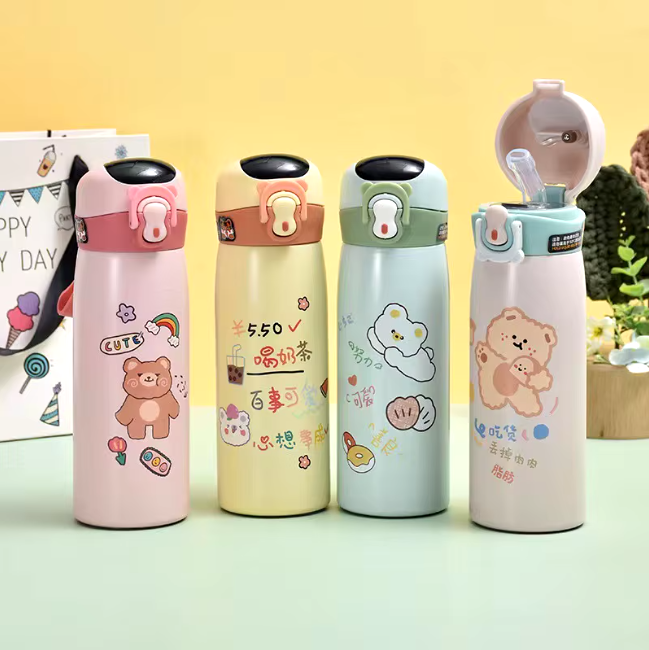 Cute Bear Thermal Water Bottle for Kids,Smart Display,Thermometer,Mug with Straw,Stainless Steel Insulated Cup,500ml
