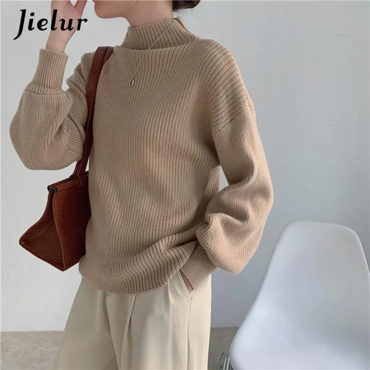 Jielur%20Lantern%20Sleeve%20Sweater%20Women%20Turtleneck%20Office%20Lady%20Pure%20Color%20Knitted%20Pullover%20Loose%20White%20Khaki%20Sweaters%20for%20Women%20-%20Image%205