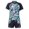 2Pcs Kids Girls Swimming Suit Round Neck Short Sleeves Floral Print Top Drawstring Boyshorts Beach Swimwear Bathing Suits. 