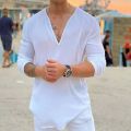 2024 new men's linen long sleeve T-shirt Breathable shirt solid color casual basic cotton linen shirt top. 