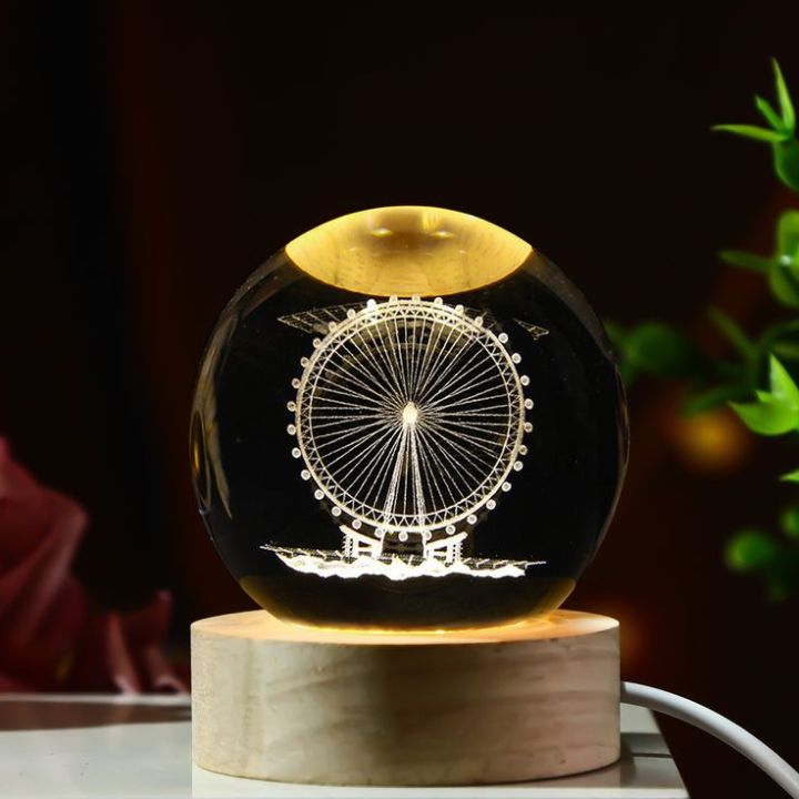Crystal Ball 3D Wheel Night Light with Base LED Table Lamp Lighted Beautiful 3D Wheel Bedroom Decor USB Power Warm Night Lighted Wheel