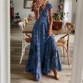 Women Floral Print Casual Dress Summer Elegant V-neck Pleated Vintage Bohemian Maxi Dresses Female Big Swing Holiday Long Dress. 