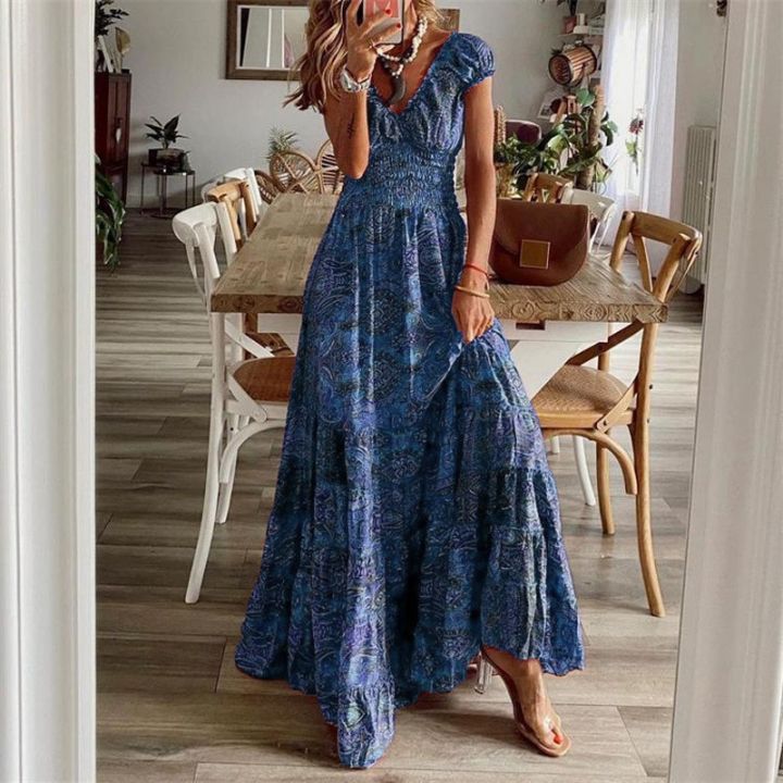 Women%20Floral%20Print%20Casual%20Dress%20Summer%20Elegant%20V-neck%20Pleated%20Vintage%20Bohemian%20Maxi%20Dresses%20Female%20Big%20Swing%20Holiday%20Long%20Dress%20-%20Image%204