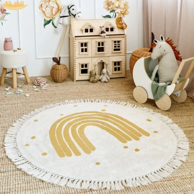 Rainbow Fluffy Carpet For Living Room With Tassels White Plush Rug