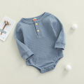 Baby’s Casual Long Sleeve Romper Fashion Solid Color Button Round Neck Triangle Jumpsuits. 