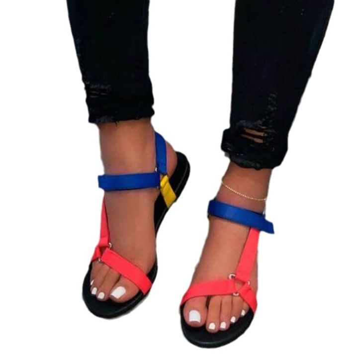 Cross-border%20wish%20summer%20webbing%20velcro%20flat%20sandals%20women's%20slotted%20buckle%20large%20size%20leopard%20print%20color-blocked%20beach%20sandals%20-%20Image%205