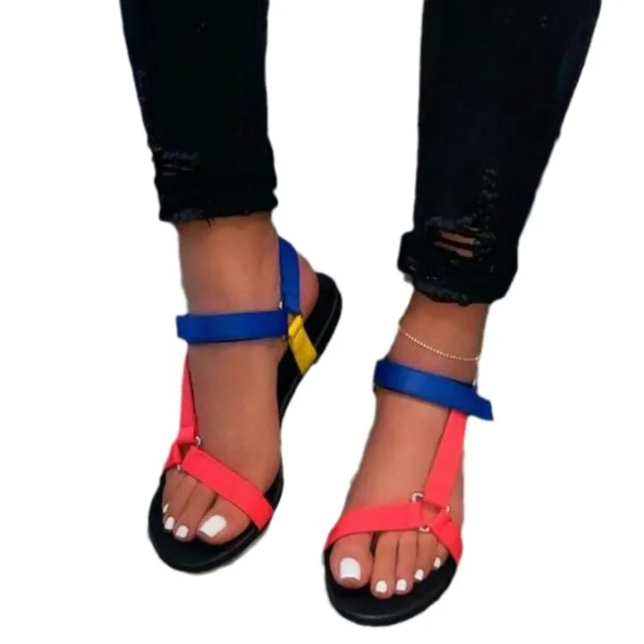 Cross-border%20wish%20summer%20webbing%20velcro%20flat%20sandals%20women's%20slotted%20buckle%20large%20size%20leopard%20print%20color-blocked%20beach%20sandals%20-%20Image%205