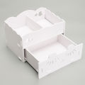 Smiling face wooden white cosmetics organizer, clean desk and desk. 