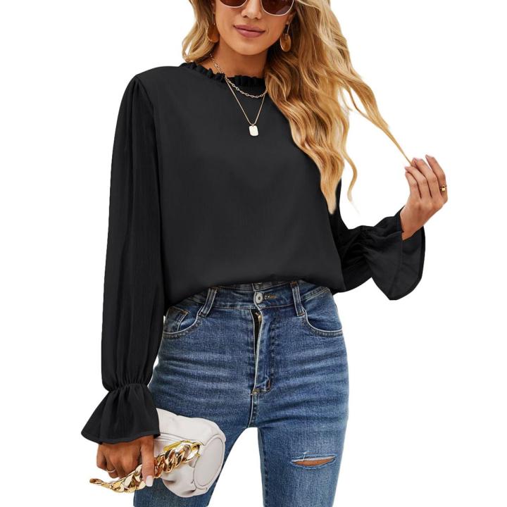 Eligible Women Spring Blouse, Long Puff Sleeve Plain Ruffle Crew Neck Shirt, Ladies Loose Fall Pullover Style Tops