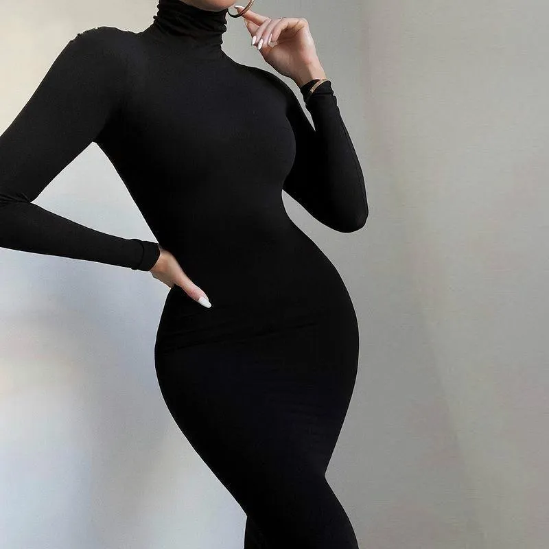 Turtleneck Long Maxi Dress Women Autumn Winter Muslim