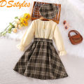 DSstyles Girls Plaid Overall Dress Sets Cute Belted Ruffle A-Line Dresses Kids Spring Long Sleeved Patchwork Princess Skirts. 