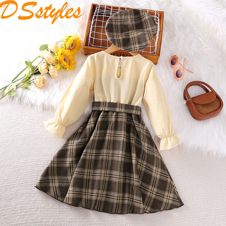 DSstyles Girls Plaid Overall Dress Sets Cute Belted Ruffle A-Line Dresses Kids Spring Long Sleeved Patchwork Princess Skirts