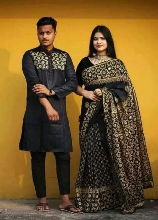 New Item Block Print Exclusive Designer Dhupiyan Saree And Dhupiyan Panjabi For Combo Couple Dress - Sharee For Women