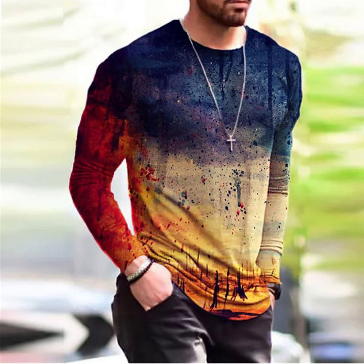 6XL Men's Clothing Fashion T-Shirts Autumn Long Sleeve Tie-dye Gradient Street Tee 3D Printing Oversized Clothing Male Tops