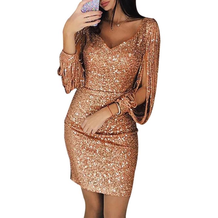 Women%20Dresses%20Europe%20and%20The%20United%20States%20New%20Women's%20V-neck%20Nightclub%20Party%20Fringe%20Bag%20Hip%20Dress%20-%20Image%205