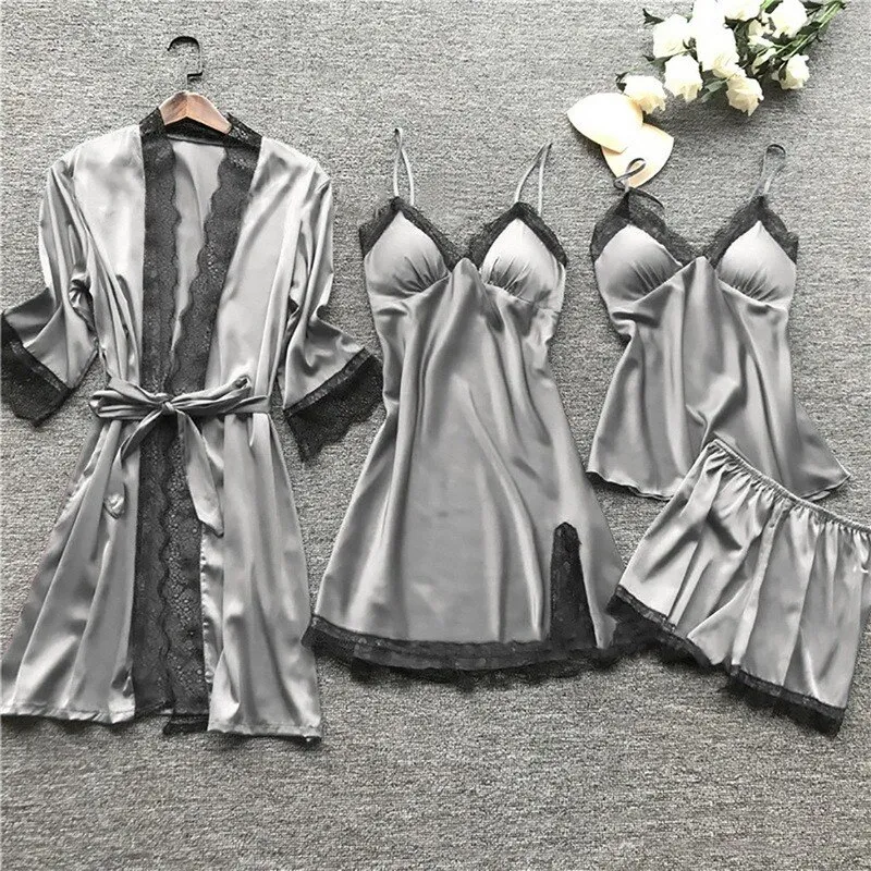 最適な材料 Women Pajamas Nightwear Pieces 4 Silk Sleepwear Satin Sets Clothing