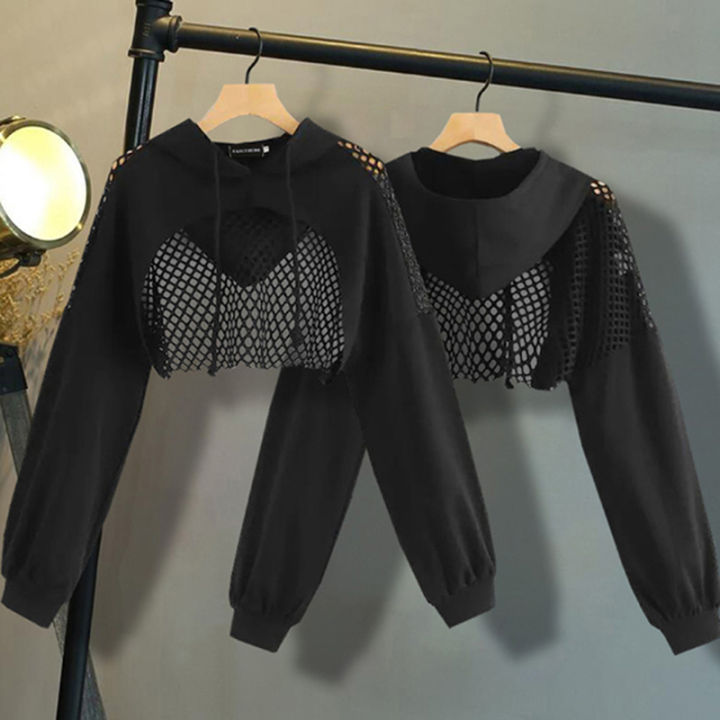 Mesh Patchwork Crop Top Sweatshirt Hoodies Women Harajuku Hoodie Sweatshirt Clothes Gothic Long Sleeve Cropped Hoodie KEEMEEUYZO