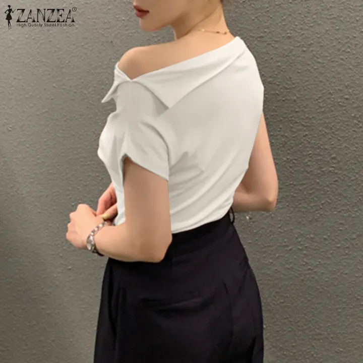 ZANZEA%20Women's%20Summer%20Holiday%20Casual%20Shirt%20Blouse%20Fitting%20Off%20Shoulder%20Irregular%20Tops%20#11%20-%20Image%202