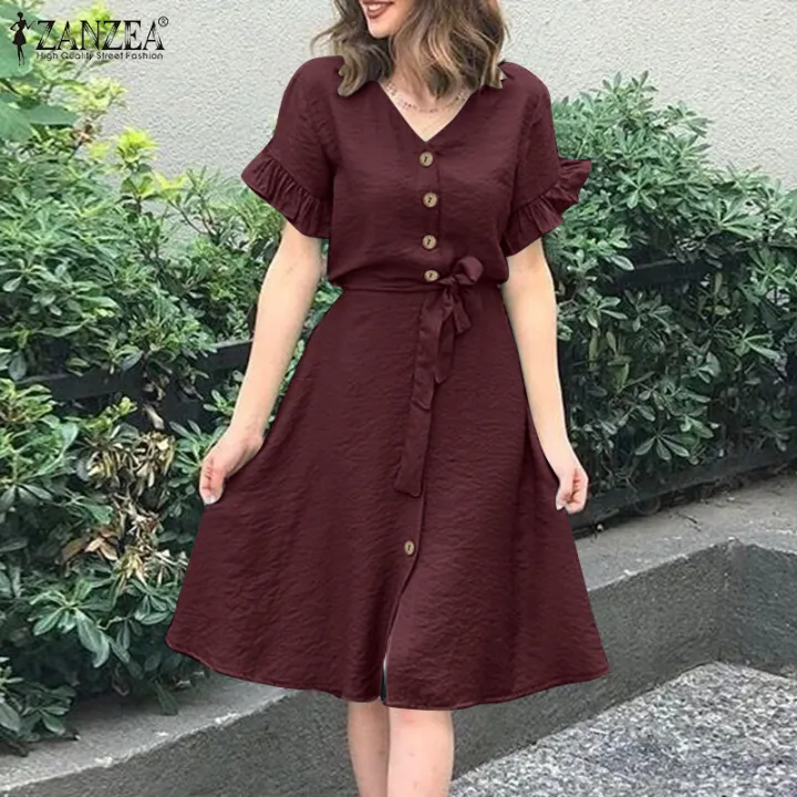 ZANZEA%20Women%20Short%20Sleeve%20Button%20Up%20A-Line%20Sundress%20Party%20Summer%20Belted%20Long%20Midi%20Dress%20#15%20-%20Image%202