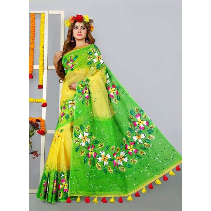 New Hand Print Half Silk Saree for women