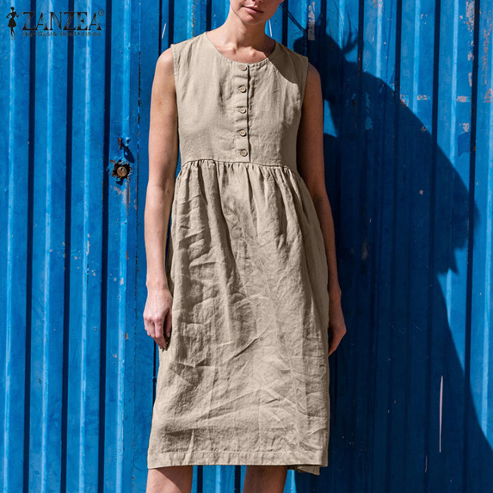 ZANZEA Womens Summer Sleeveless Tank Dress Casual Solid Cotton A