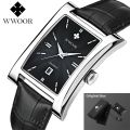【support】 WWOOR Brand Classic Fashion Mens Rectangle Watches Male Brown Leather Quartz Waterproof Wrist Watch For Men Calendar Clocks. 