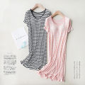 modal short sleeve long skirt pajamas with bra pads striped loose thin plus size home dress women's summer home.