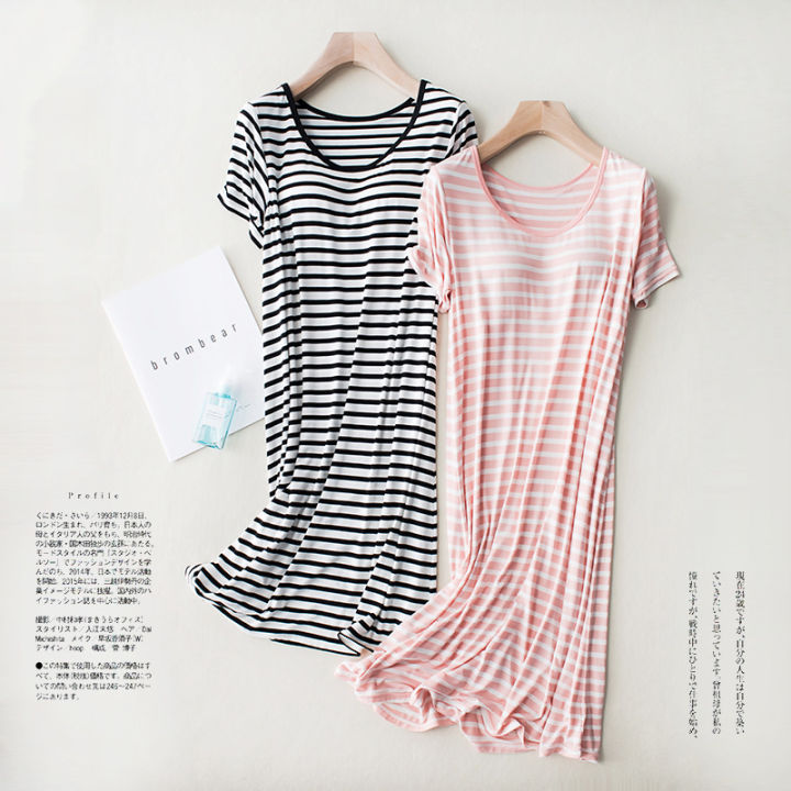 modal%20short%20sleeve%20long%20skirt%20pajamas%20with%20bra%20pads%20striped%20loose%20thin%20plus%20size%20home%20dress%20women's%20summer%20home%20-%20Image%203