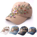 Women Baseball Hat Comfortable Women Rhinestone Flower Denim Hat. 