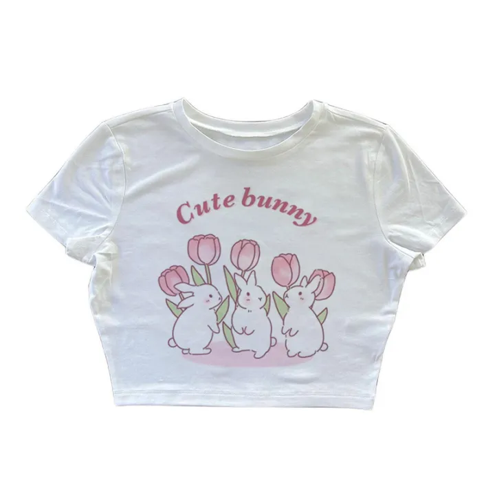 Women%20T-Shirt%20Crop%20Top%20Y2k%20Kawaii%20Cute%20Bunny%20Graphic%20Harajuku%20Summer%20Short%20Sleeve%20Baby%20Tees%20Streetwear%20Korean%20Popular%20Clothes%20-%20Image%202