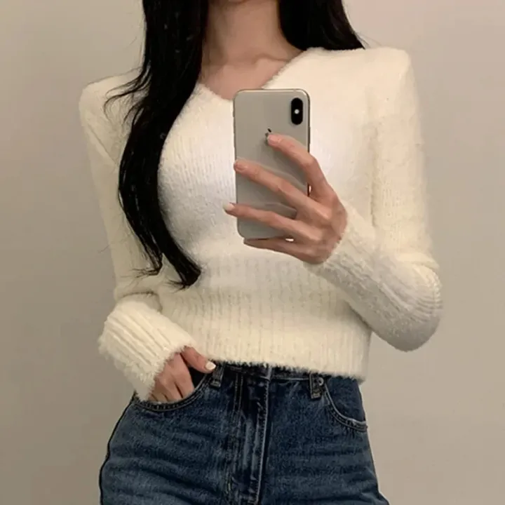 White%20Sweater%20Women%202023%20Autumn%20Winter%20Soft%20Warm%20Clothes%20Long%20Sleeve%20Pullover%20Sweaters%20V%20Neck%20Slim%20Knitted%20Crop%20Tops%20Pull%20Femme%20-%20Image%204