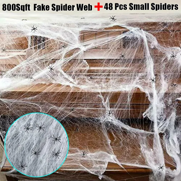 Practical 250g Fake Spider Web + 48Pcs Small Spiders Halloween Party Decor Haunted Props