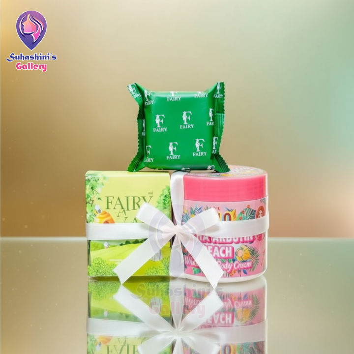 OHO Alpha Arbutin Peach Whitening Body Cream + FAIRY Scrub Gluta Soap Combo For Glowing Bright Skin – Body Whitening Cream & Deep Cleansing Scrub Soap Set