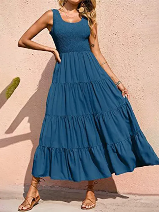 Dresses%20For%20Women%202024%20Summer%20Elegant%20Sleeveless%20Floral%20Solid%20Color%20Long%20Dress%20Fashion%20Elastic%20Waist%20Beach%20Party%20Big%20Swing%20-%20Image%203