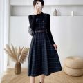 Autumn Winter Lady fashion Overalls 2 Piece Set Dress Women black Knitted Sweater Top + Plaid Tweed Slim Big Swing Midi Dress. 