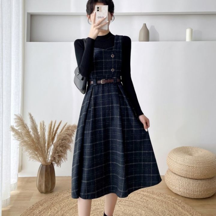 Autumn%20Winter%20Lady%20fashion%20Overalls%202%20Piece%20Set%20Dress%20Women%20black%20Knitted%20Sweater%20Top%20+%20Plaid%20Tweed%20Slim%20Big%20Swing%20Midi%20Dress%20-%20Image%205